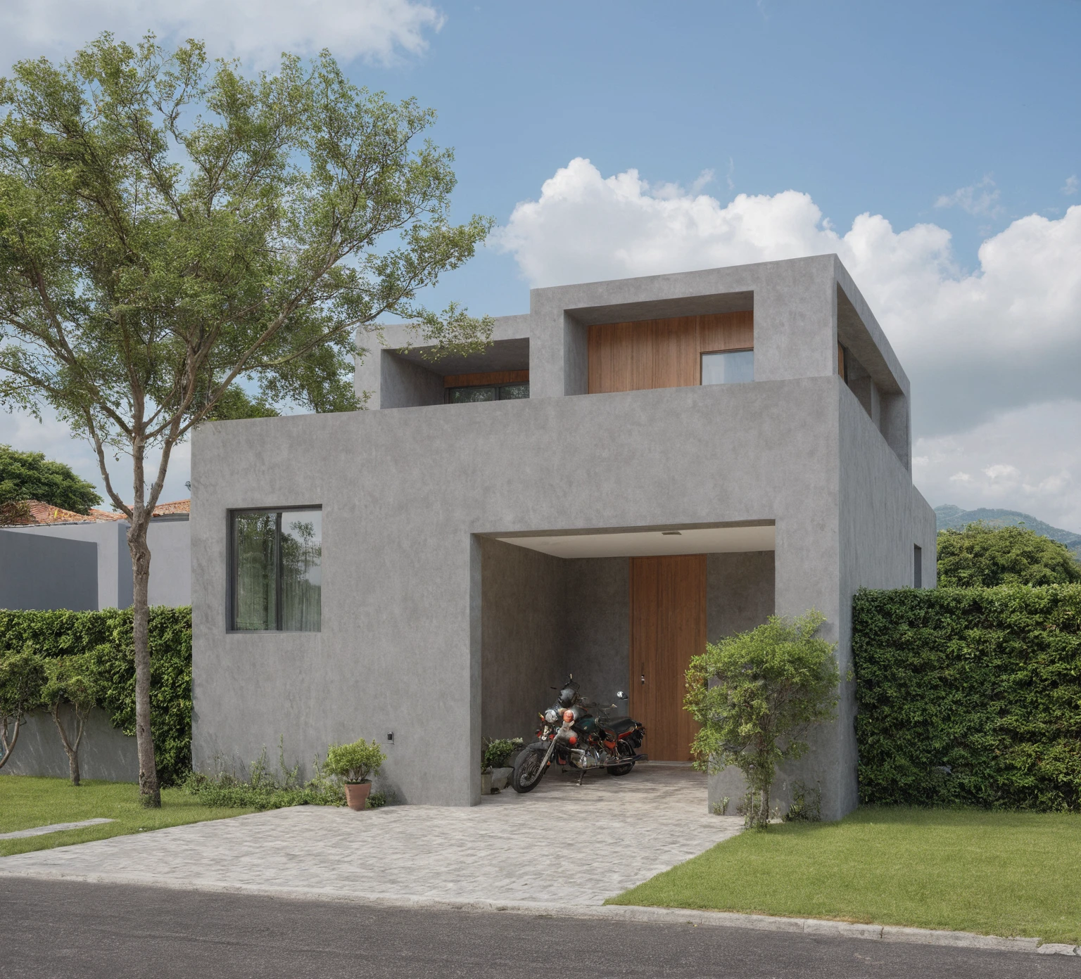 Masterpiece, high quality, best quality, authentic, super detail, outdoors, onestoreyvillaXL, aiai, aiaigroup, wall roof tile, house style modern on the street ,stairs, grey wall ,road,pavement, grass, trees, sky, cloud, (daylight:1.1), motor bike