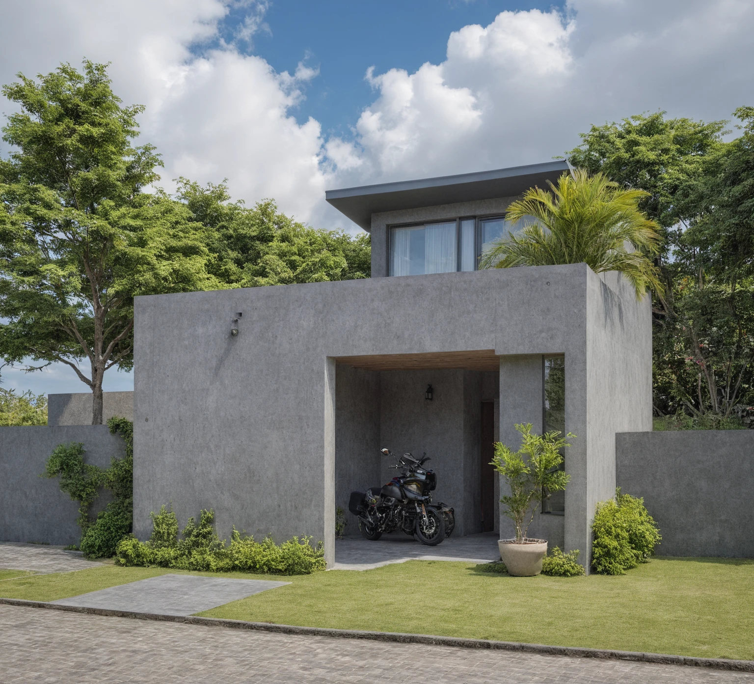 Masterpiece, high quality, best quality, authentic, super detail, outdoors, onestoreyvillaXL, aiai, aiaigroup, wall roof tile, house style modern on the street ,stairs, grey wall ,road,pavement, grass, trees, sky, cloud, (daylight:1.1), motor bike