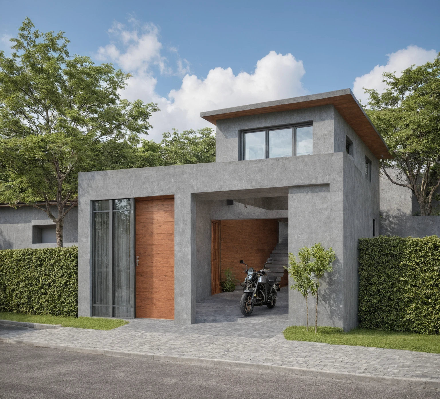 Masterpiece, high quality, best quality, authentic, super detail, outdoors, onestoreyvillaXL, aiai, aiaigroup, wall roof tile,  house style modern on the street ,stairs, grey wall ,road,pavement, grass, trees, sky, cloud, (daylight:1.1), motor bike
