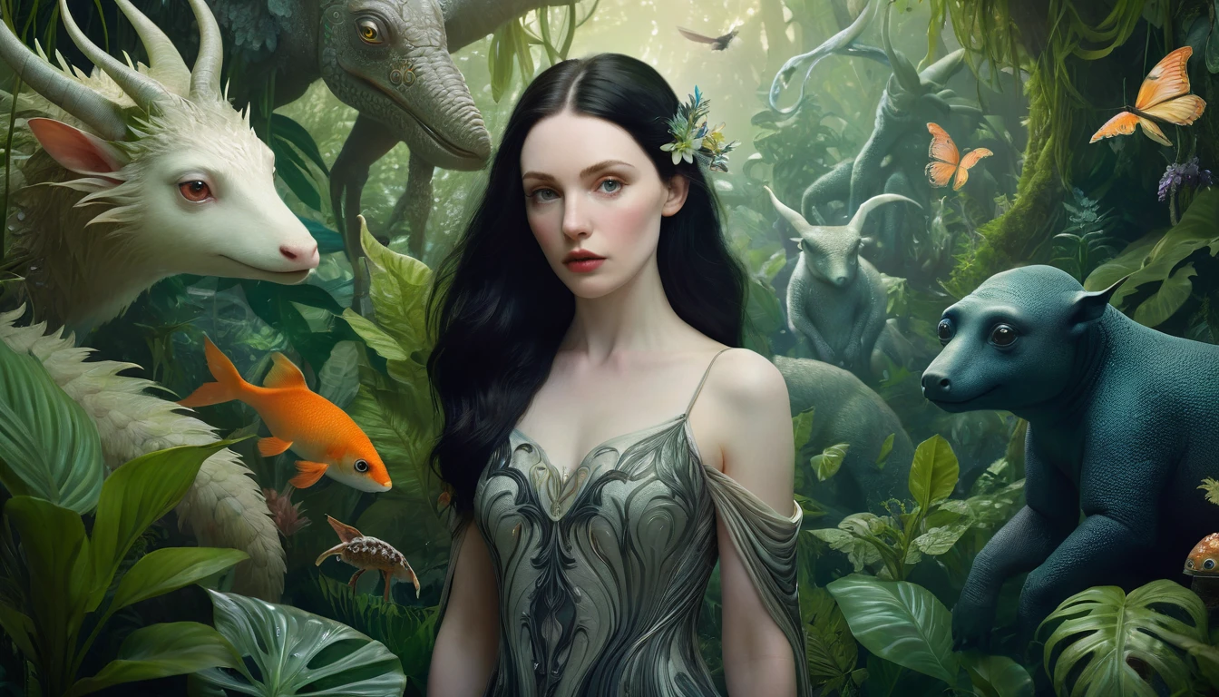A dark-haired woman with pale skin and a pensive expression surrounded by fantastical creatures and plants in a lush, surreal environment