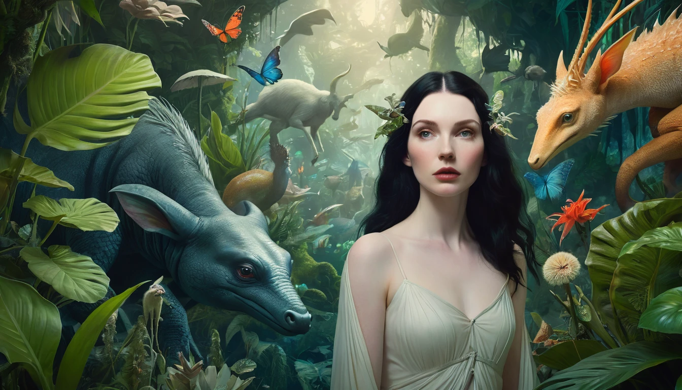 A dark-haired woman with pale skin and a pensive expression surrounded by fantastical creatures and plants in a lush, surreal environment