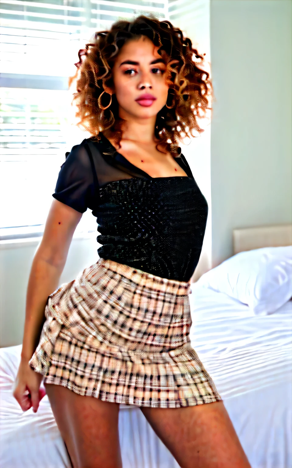 woman with curly hair wearing a skirt and blouse with detailed seductive alluring eyes in a modern bedroom, best quality masterpiece, photorealistic, detailed, 8k, HDR, shallow depth of field, broad light, high contrast, backlighting, bloom, light sparkles, chromatic aberration, sharp focus, RAW color photo