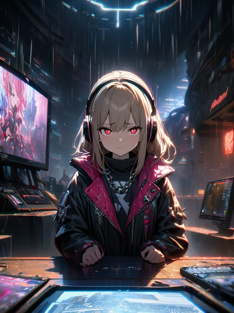 1 Girl, chromatic aberration, Written boundary depth, Soft Light, masterpiece, Highest quality, complicated, Tone Mapping, Very detailed, Art Station, Concept Art, Smooth, Clear focus, Dramatic lighting, Very detailed artwork, movie, super practical painting, Art Station's trending, 8K, Incredible Shadows, practical, (Very detailed background:1.0), whole body, View, Viewers, Very detailed portrait of one girl 1, standing on street corner, Heavy rain and lightning、Dark Sky, neon and cyber punk background, she is dressed in punk clothing with silver chains and silver spikes, Her hair was dyed light brown.......，The middle part is black, She is wearing headphones, Detailed red eyes with clear pupils, Ominous aura of light, Sad face, punk, Cyber Rock, Backlight.Fashionable clothes、No knowledge of horses&#39;tail、Dress code: Stylish appearance,Her hair is tied up cutely with a ribbon.Big breasts and exposed