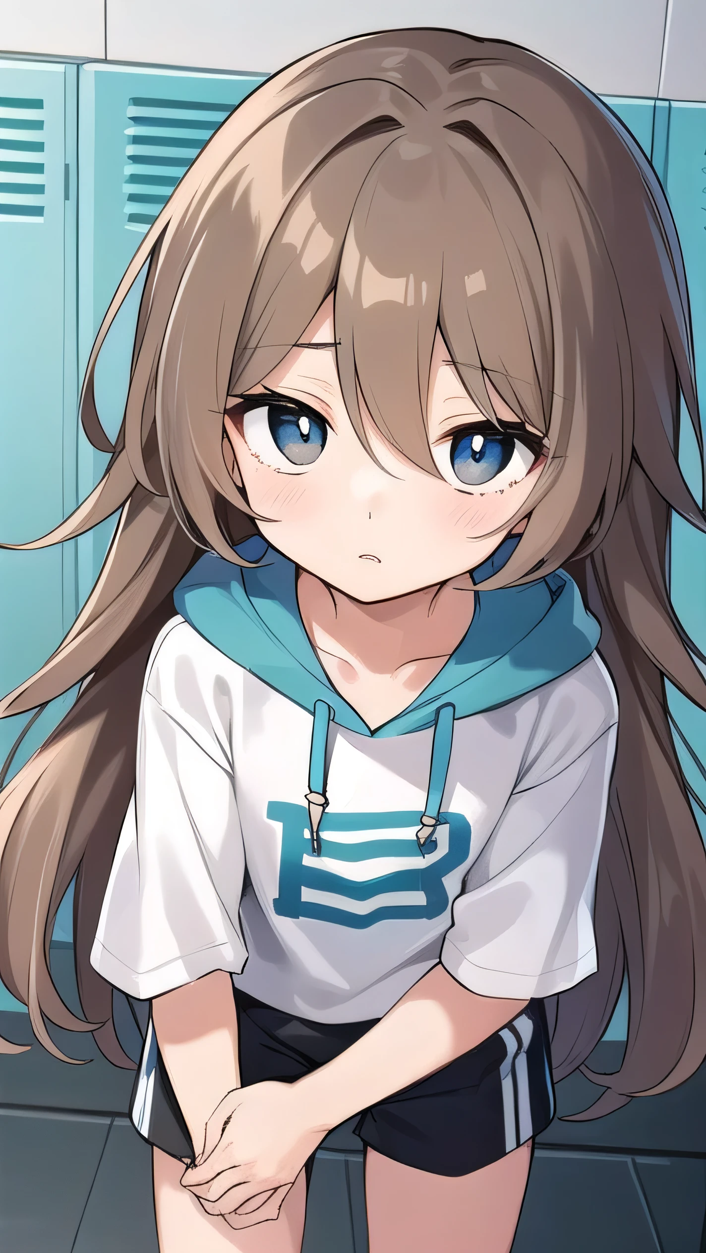 Girl, ( light brown hair :1.5), (black eyes:1.2), (big eyes: 1.1), (sagging eyes: 1.5), (very long hair:1.1), hair between eyes, cyan long-sleeved hoodie, white T-shirt, dark blue shorts, white sneakers, (flat chest), (straight hair), very short, only , droopy eyes, wearing a jacket, 11 years old, wearing a jacket,, (short height:1.3), young face , sleepy face, smooth straight hair, locker room,