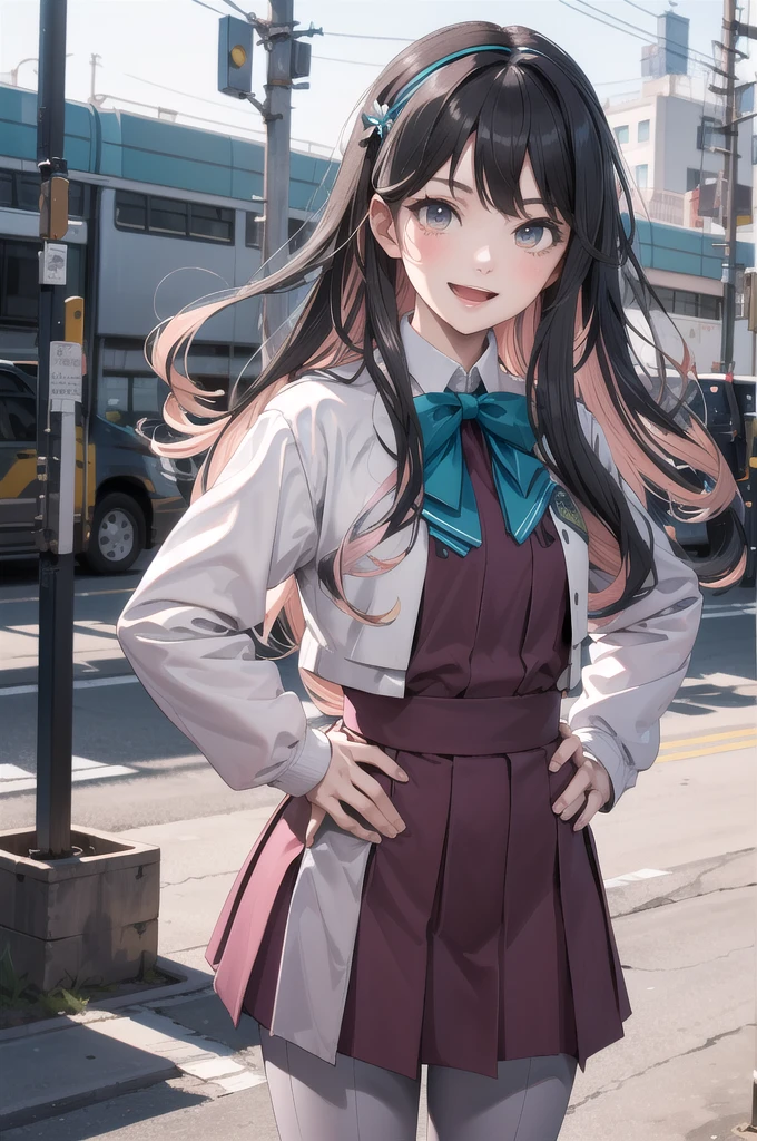 masterpiece, Highest quality, High resolution, Hmm., Profited \(Fleet Collection\), Multicolored Hair, White hair band, White jacket, Purple Dress, , Grey pantyhose, Aqua Bow Tie, Long sleeve, Cowboy Shot, Stand outdoors, Hands on hips, smile, Open your mouth,