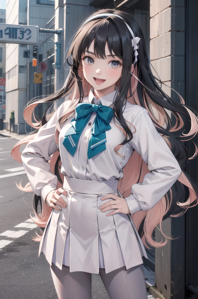 masterpiece, Highest quality, High resolution, Hmm., Profited \(Fleet Collection\), Multicolored Hair, White hair band, White jacket, Purple Dress, , Grey pantyhose, Aqua Bow Tie, Long sleeve, Cowboy Shot, Stand outdoors, Hands on hips, smile, Open your mouth,