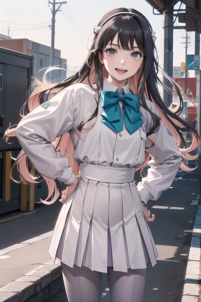 masterpiece, Highest quality, High resolution, Hmm., Profited \(Fleet Collection\), Multicolored Hair, White hair band, White jacket, Purple Dress, , Grey pantyhose, Aqua Bow Tie, Long sleeve, Cowboy Shot, Stand outdoors, Hands on hips, smile, Open your mouth,