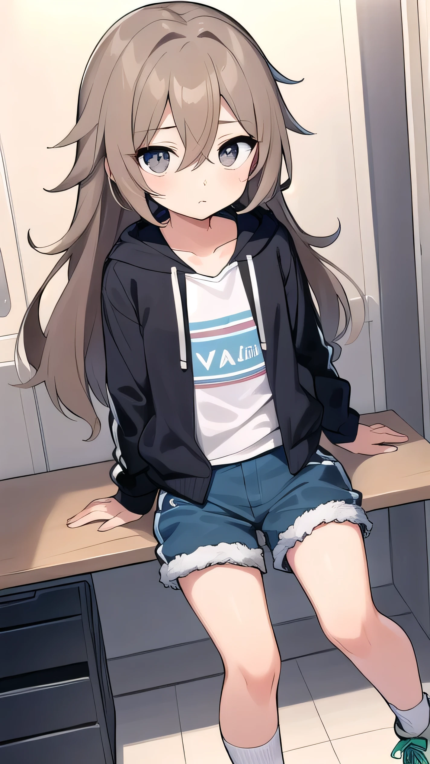 Girl, ( light brown hair :1.5), (black eyes:1.2), (big eyes: 1.1), (sagging eyes: 1.5), (very long hair:1.1), hair between eyes, cyan long-sleeved hoodie, white T-shirt, dark blue shorts, white sneakers, (flat chest), (straight hair), very short, only , droopy eyes, wearing a jacket, 11 years old, wearing a jacket,, (short height:1.3),  young face , sleepy face, smooth straight hair, locker room, 