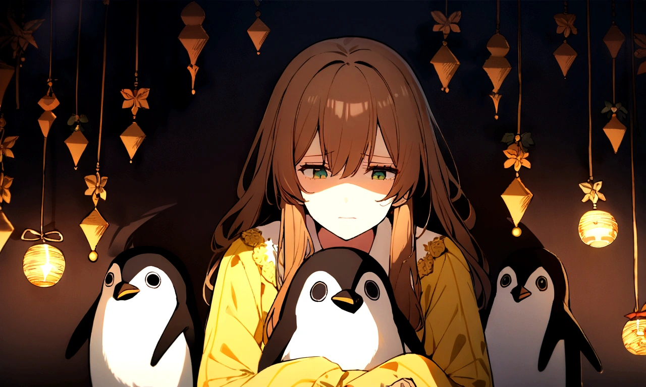 1 girl, chestnut hair, greeneyes, Facial Focus, long hair, side block, Grieving, (depressed 1:1) Expression, holding a stuffed penguin, atmospheric lighting, temperamental, darkness, in a dark old room full of decorations, cercada por sombras, yellow pajamas with green details, Great, beautiful 8k wallpaper, extremely detaild, intricate