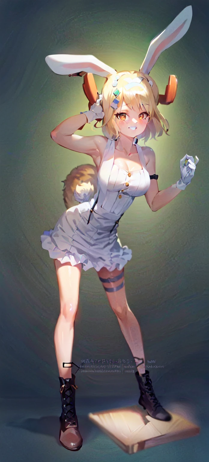 best quality,((medium breasts, slim girl, close-up, portrait)), carrot, 1girl, 独奏, blonde hair, animal ears, rabbit ears, rabbit girl, furry, short hair, smile, rabbit tail, ((slim girl, medium breasts, animal nose)), 1girl, 独奏, animal ears, rabbit ears, boots, tail, rabbit girl, rabbit tail, skirt, hat, suspenders, breasts, full body, short hair,  ears through headwear，Chopper&#39;s Hat