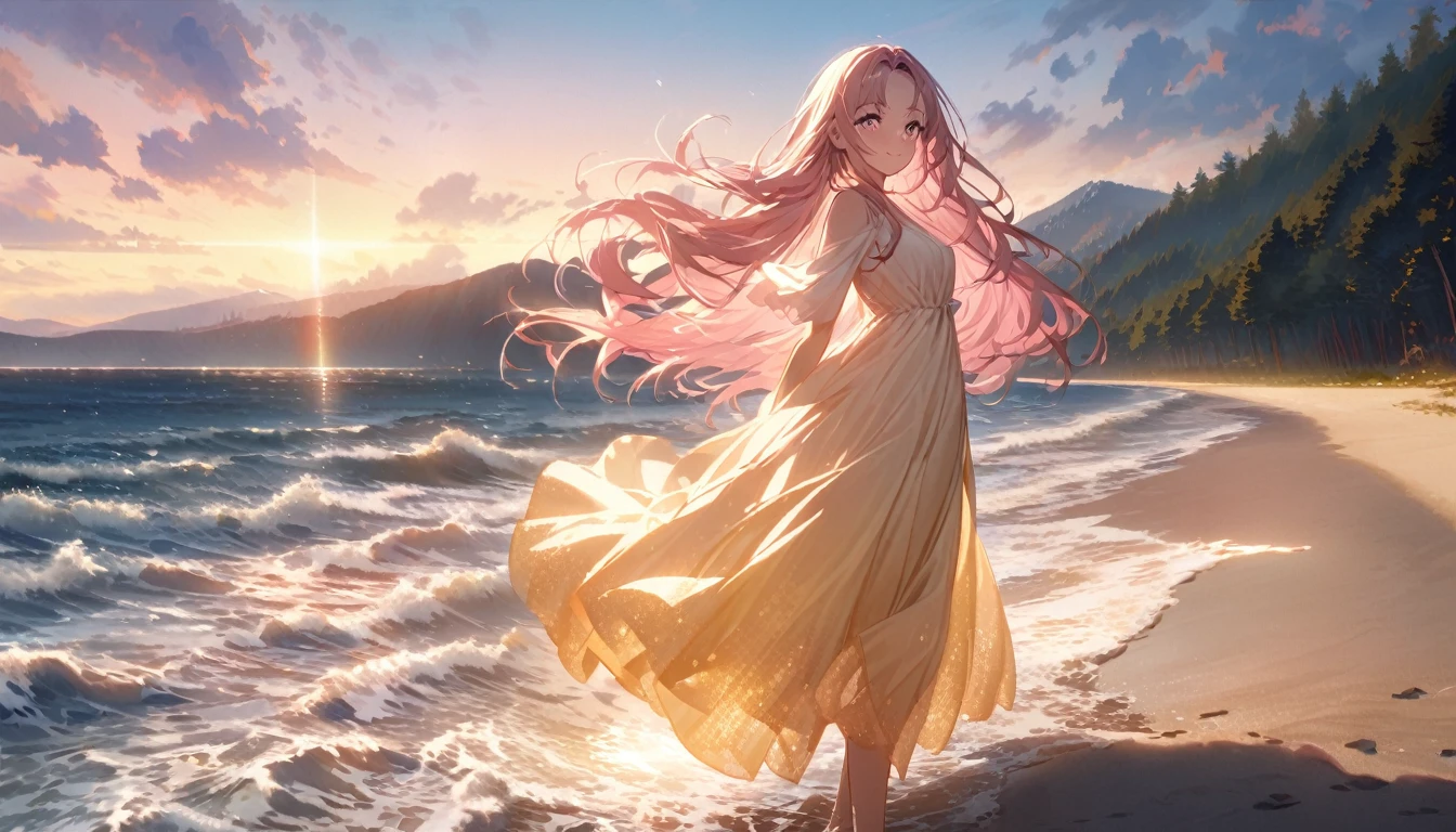 Anime girl, standing on a beach, during sunrise, sky painted in gold and pink hues, long flowing hair, bright expressive eyes filled with love and determination, wearing a light flowing dress, hands hidden behind her back, waves crashing softly on the shore behind her, sun casting a warm golden light over everything, serene beach transitioning into a distant forest and mountains, symbolizing the journey ahead, scene conveying peace hope and unwavering support, soft natural lighting enhancing the emotional depth, no other people or distractions present, focusing solely on the girl and the beautiful landscape, highly detailed face, beautiful facial features, clear skin, expressive eyes, delicate smile, natural and soft lighting on the face