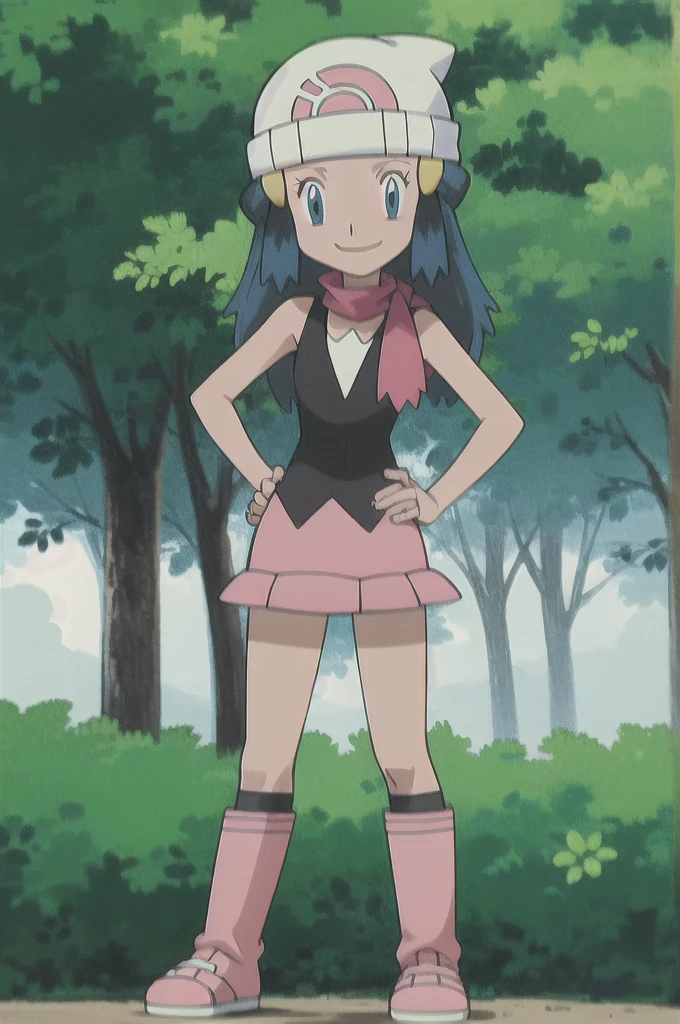 masterpiece, Highest quality, One girl, dawn \(Pokemon\), Beanie, Long Hair, Blue Hair, blue eyes, Black sleeveless shirt, Pink scarf, Pink Skirt, Pink Boots, Hands on hips, smile, View your viewers, Forest Background