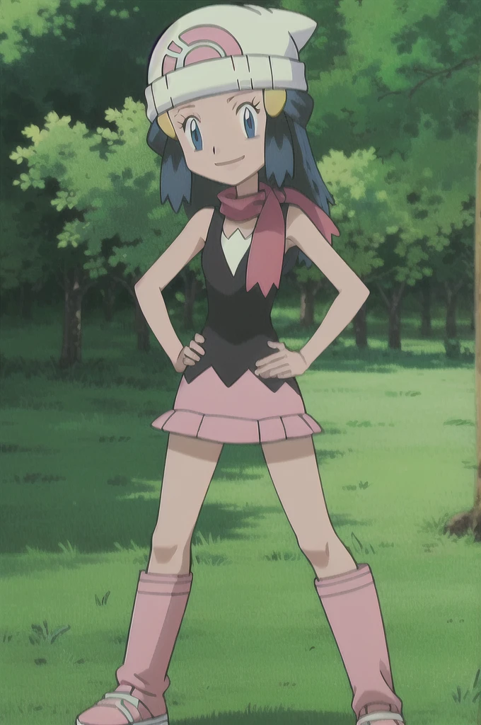 masterpiece, Highest quality, One girl, dawn \(Pokemon\), Beanie, Long Hair, Blue Hair, blue eyes, Black sleeveless shirt, Pink scarf, Pink Skirt, Pink Boots, Hands on hips, smile, View your viewers, Forest Background 
