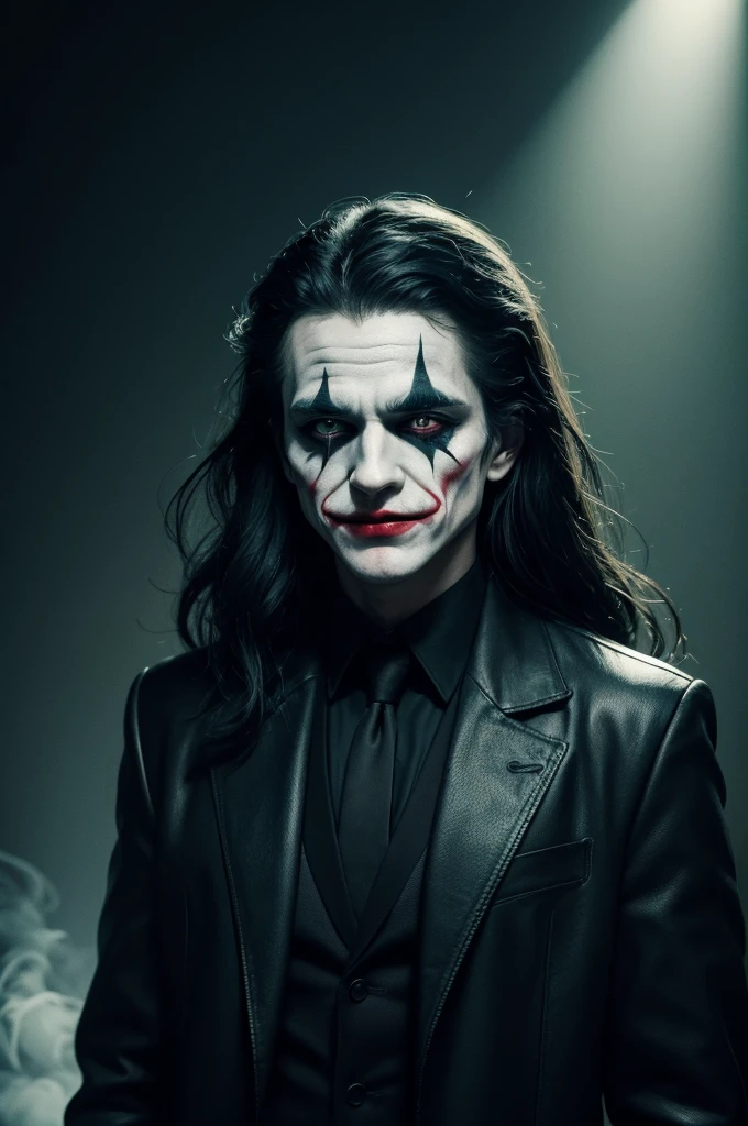 t shirt design, ((black backdrop)). "the joker". The character is in the middle of a dark street, with a bright green light shining on it. (( the joker V.Dear de TI, White face with black makeup )), The background is black with smoke. Wearing a the joker Costume. The character is wearing a black overcoat, jeans. He has long black hair and wears black makeup., makeup with just one line on each eye. face detailed, intricate. 真实感: The generated artwork must be realistic and highly detailed. lighting: A lighting deve ser cinematográfica, with a bright green light shining on the character. fund: The background should be black with smoke. lighting cinematográfica.