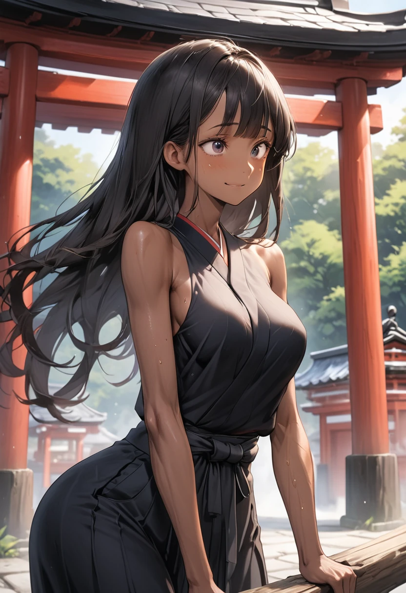 (masterpiece,Highest quality:1.3,best quality illustration),cowboy shot,1woman,(Mature Japan beauties)、black hair,long hair,bangs,black eyes,big gorgeous eyes,((very small head:1.3)),shy,smile,((very long body:1.2)),medium breasts,(tan skin, gleaming skin,toned body,slender body, skinny),sweat,(Black kimono、Black Hakama),standing,shrine、