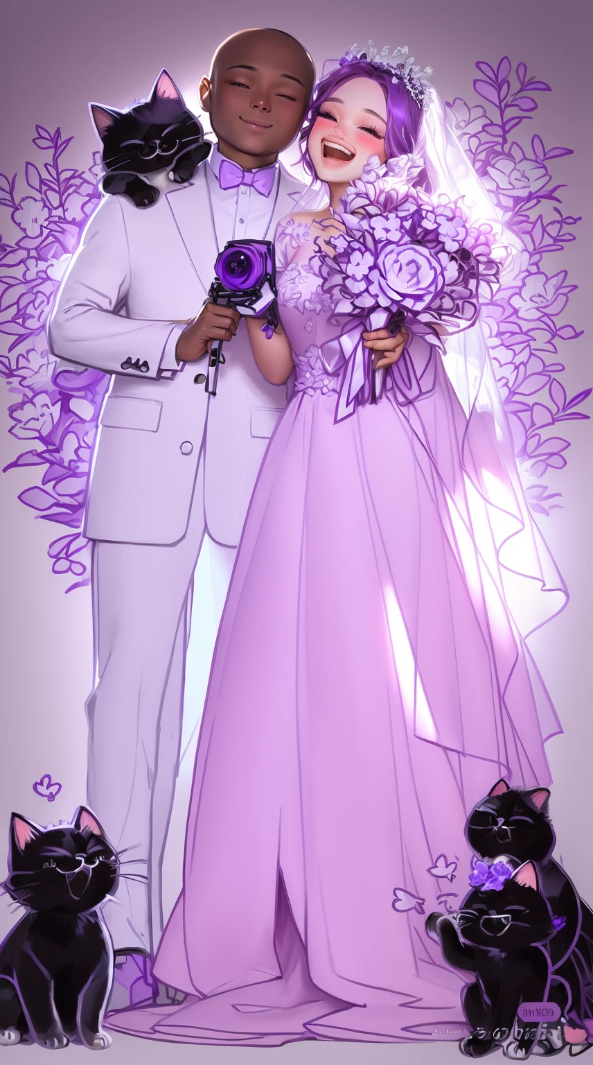 A bride holding a purple and white bouquet wearing a strapless mermaid wedding dress,A groom with a 3:7 hair part and round-framed metal glasses,A ragdoll cat
