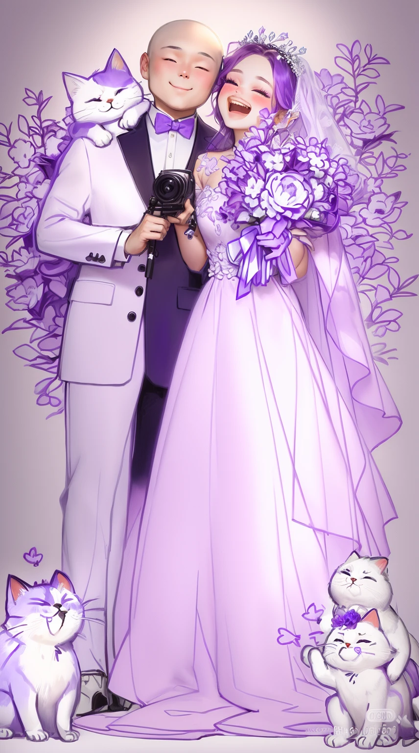 A bride holding a purple and white bouquet wearing a strapless mermaid wedding dress,A groom with a 3:7 hair part and round-framed metal glasses,A ragdoll cat
