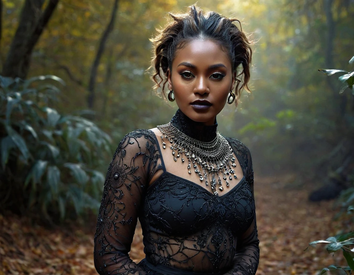 flowers, extremely detailed, colorfula haunting a mysterious puzzle of a lady, side glances to camera, from behind, face forwards, waist bend, dark skin, mixed cultures, staring intense, her hand adorned with silver elegant rings, artistic rings stunning, display each finger, skin metal contrast, attractive danger, she looks to us, see into your soul, good luck, high grasses, stylized dark clothing layers, dark room, moon light, One Woman, close-up, (best quality), (ultra detailed), (air mist:1.5),Face is front,Highly revealing, 32 years old, (hiking clothes, grey leggings), mixed culture woman, dark afro styled Hair, on A forest path with fallen leaves, background is an isolated cabin,(best quality), (ultra detailed), (absolutely resolution), (Concealed support shirt), Black Hair, Treehouse-style bedroom in the woods、A healing space surrounded by naturepicture taken with ((camera obscura:1.2, pinhole camera)) a woman, intricate details, hyperdetailed, cinematic, dark shot, muted colors, film grainy, soothing tones, (contrast:0.9), extremely detailed, colorful, haunting a mysterious lady, dark skin, mixed cultures, dewy eyed, her, artistic stunning, attractive danger, she looks to us, see into your soul, good luck, high, stylized dark clothing layers, dark nature, raven, mourning doves, bugs obscura, high quality,masterpiece,extremely detailed,high res,4k,ultra high res,detailed shadow,ultra realistic,realistic,dramatic lighting,1girl,solo,detailed face,realistic eyes,realistic skin,honey gold hair, dress, messy hair, Woman inside gritty boutique, dense city boutique, inside display, PINHOLE camera ((dark contrast:1.1)) , in painted, inside, intwined, straddle hips, relaxed, morning dew, seasons, stunning, lovely, microdetailed, skin,