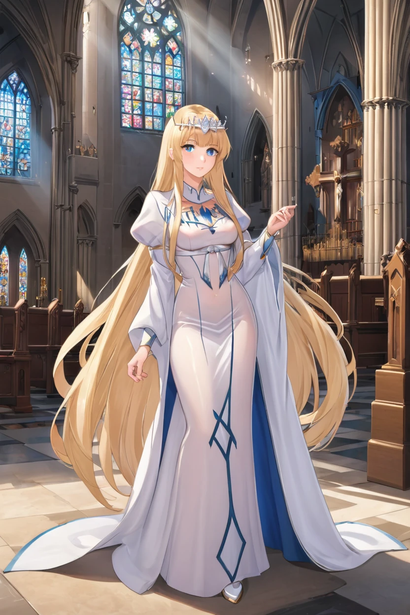 1girl,solo, calca, blonde hair, ,( extremely long hair:1.3), very long hair, extra long hair, white tiara, white dress, blue eyes,Calca Bessarez, medium breast,Calca, indoor, church, cathedral, stained glass