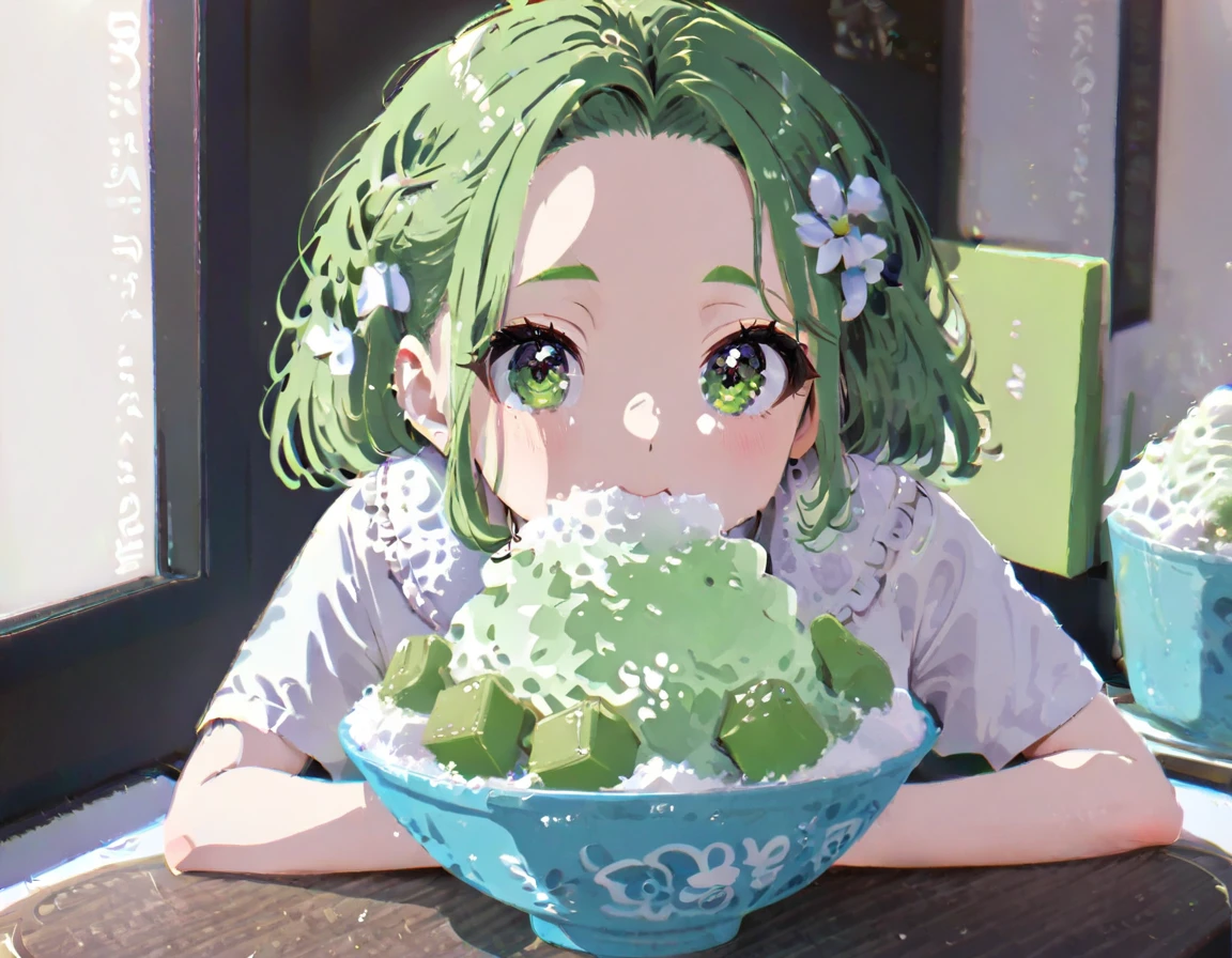 Shaved ice in a glass bowl、Matcha Shaved Ice、Vanilla ice、A  stuffs her cheeks