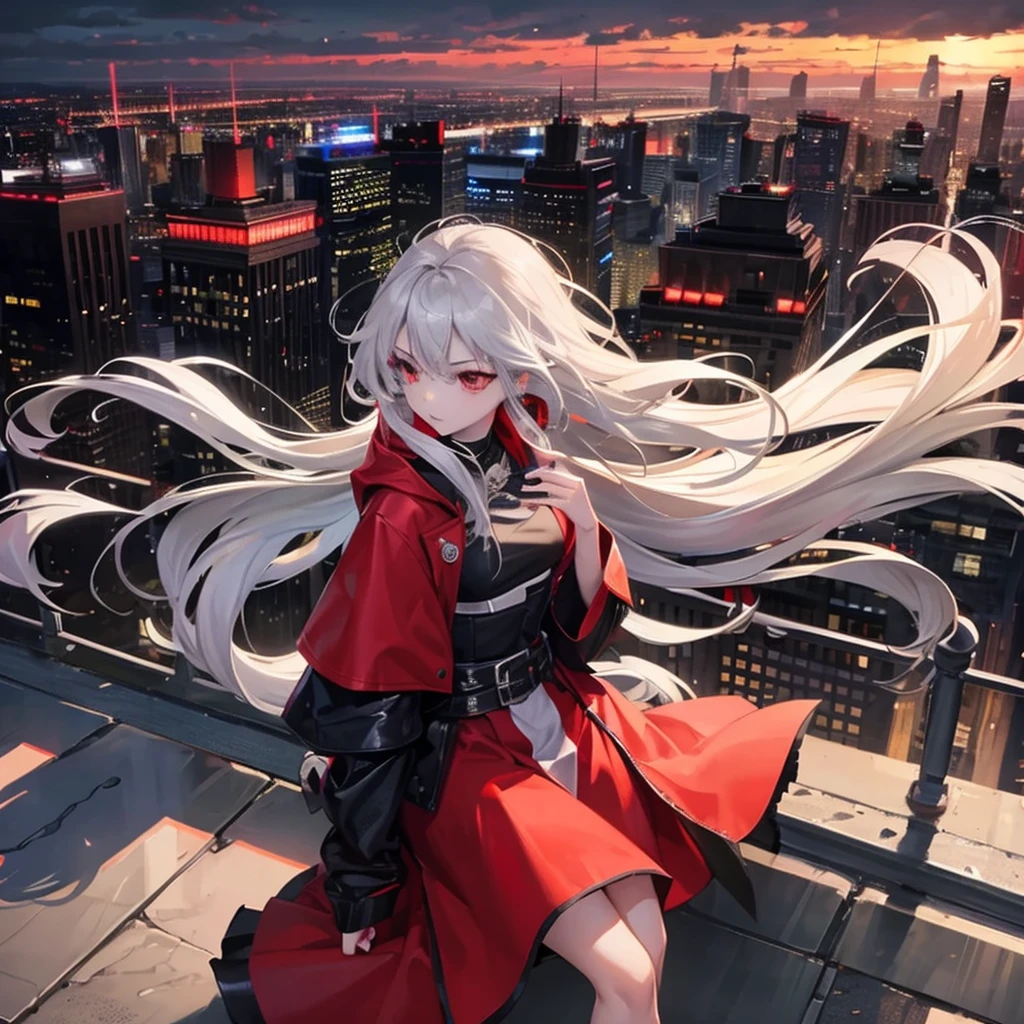 Girl, Long silver hair, red eyes, beautiful, wearing casual cloths, leaning on the edge, looking doen the city below, gloomy, thoughtful.