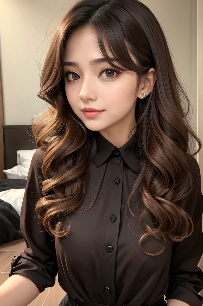 One with hair with curling iron Brown eyes Black blouse Pull style Fun 