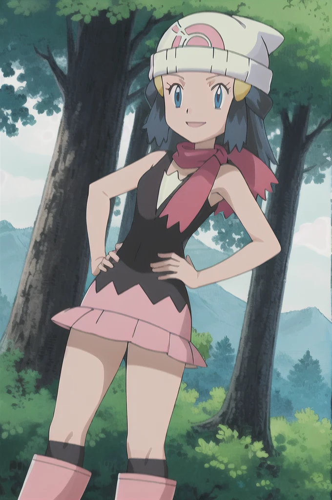 masterpiece, Highest quality, One girl, dawn \(Pokemon\), Beanie, Long Hair, Blue Hair, blue eyes, Black sleeveless shirt, Pink scarf, Pink Skirt, Pink Boots, Hands on hips, smile, View your viewers, Forest Background 