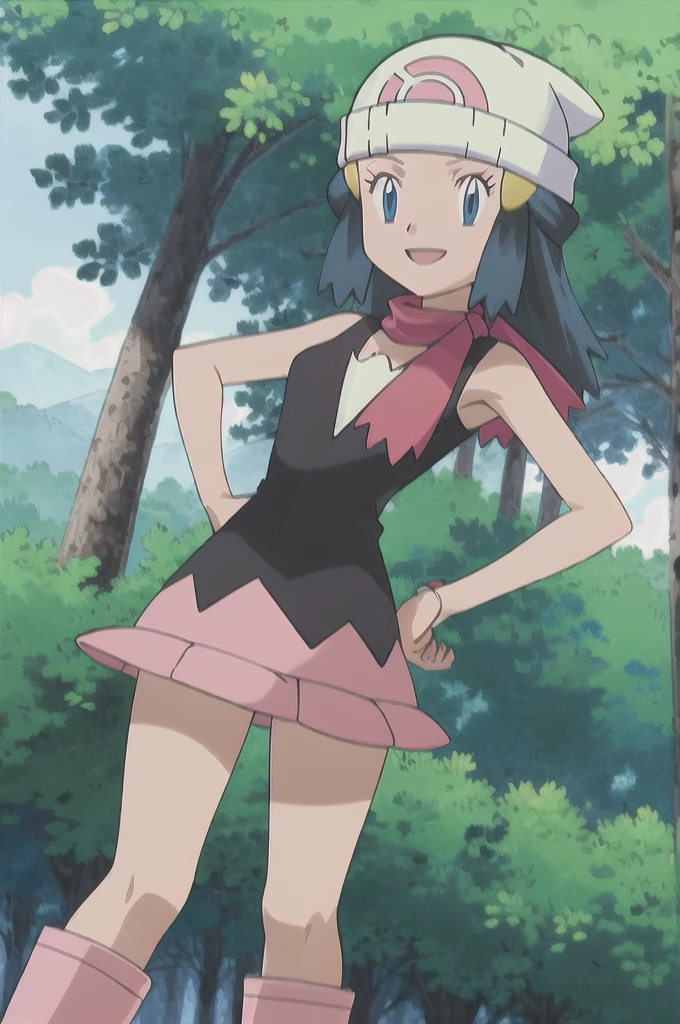 masterpiece, Highest quality, One girl, dawn \(Pokemon\), Beanie, Long Hair, Blue Hair, blue eyes, Black sleeveless shirt, Pink scarf, Pink Skirt, Pink Boots, Hands on hips, smile, View your viewers, Forest Background 