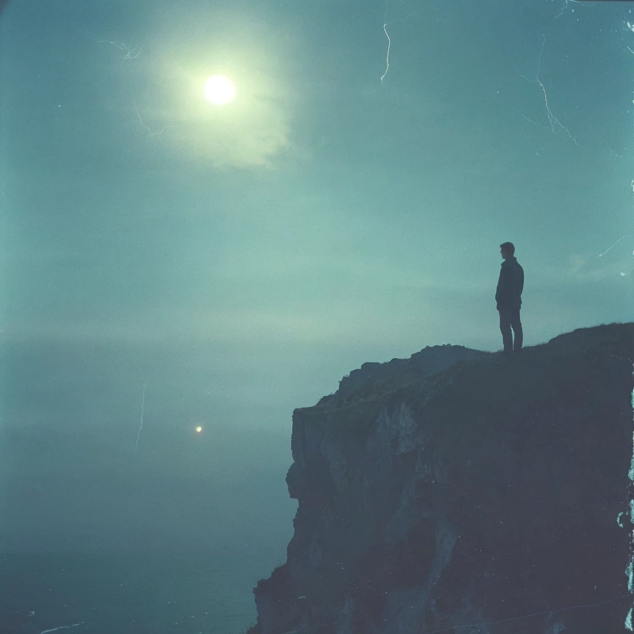 there is a man standing on a cliff looking at the moon, standing on a cliffside, standing in moonlight, standing on a cliff, standing on the edge of a cliff, photographed on damaged film, edge of the world, looking into the distance, on a cliff, looking off into the distance, atmospheric cool colorgrade, photographed on expired film