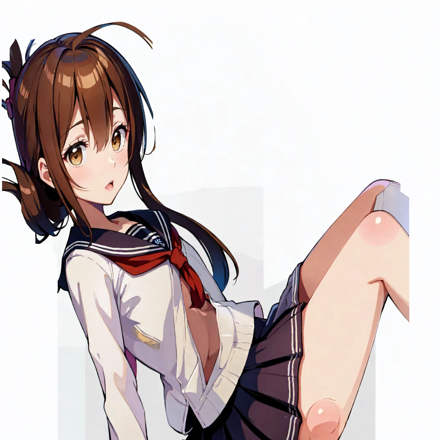 (masterpiece, best quality:1.2),illustration,8k,hd,1girl,solo,upper body,(portrait:1.2),brown_hair,folded_ponytail,brown_eyes,serafuku,long_hair,school_uniform,skirt,pleated_skirt,