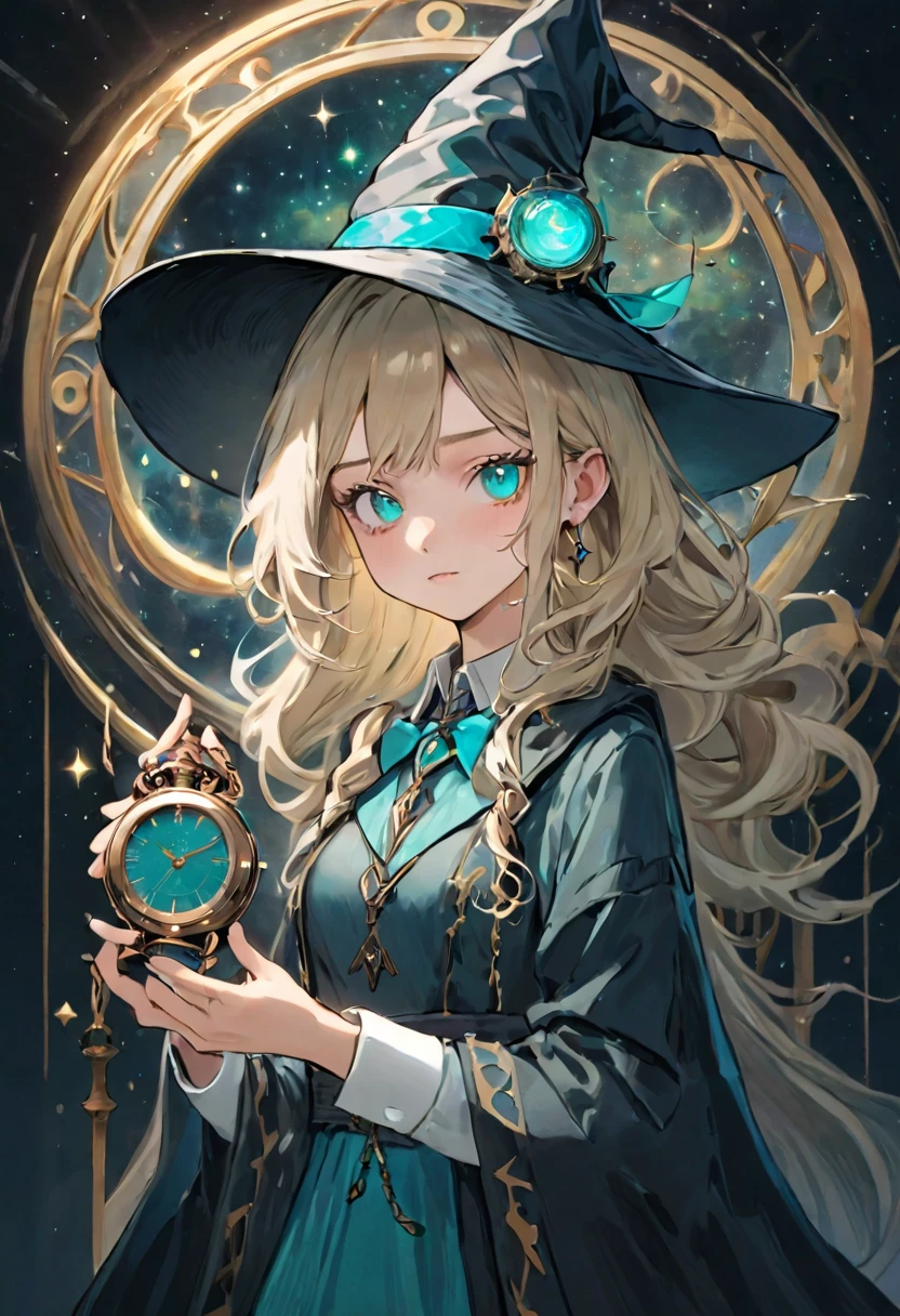 White shirt、Realistic textured skin、Ash Blonde、1 strand of hair、Side Tail、Turquoise Eyes、16 years old、Close-up of a woman in a dress and hat holding a watch, Beautiful Celestial Magician, portrait of a Female Wizard, Female Wizard, Mechanized Witch's Little Wizard!, Female Wizard, dark witch character, magician magic witch, Black-haired wizard, Dark Sorceress Full View, Astral Witch Outfit, Dark magician full body pose