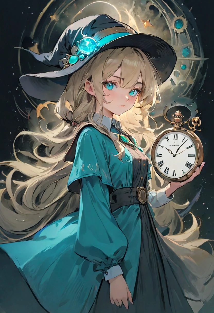 White shirt、Realistic textured skin、Ash Blonde、1 strand of hair、Side Tail、Turquoise Eyes、16 years old、Close-up of a woman in a dress and hat holding a watch, Beautiful Celestial Magician, portrait of a Female Wizard, Female Wizard, Mechanized Witch&#39;s Little Wizard!, Female Wizard, dark witch character, magician magic witch, Black-haired wizard, Dark Sorceress Full View, Astral Witch Outfit, Dark magician full body pose