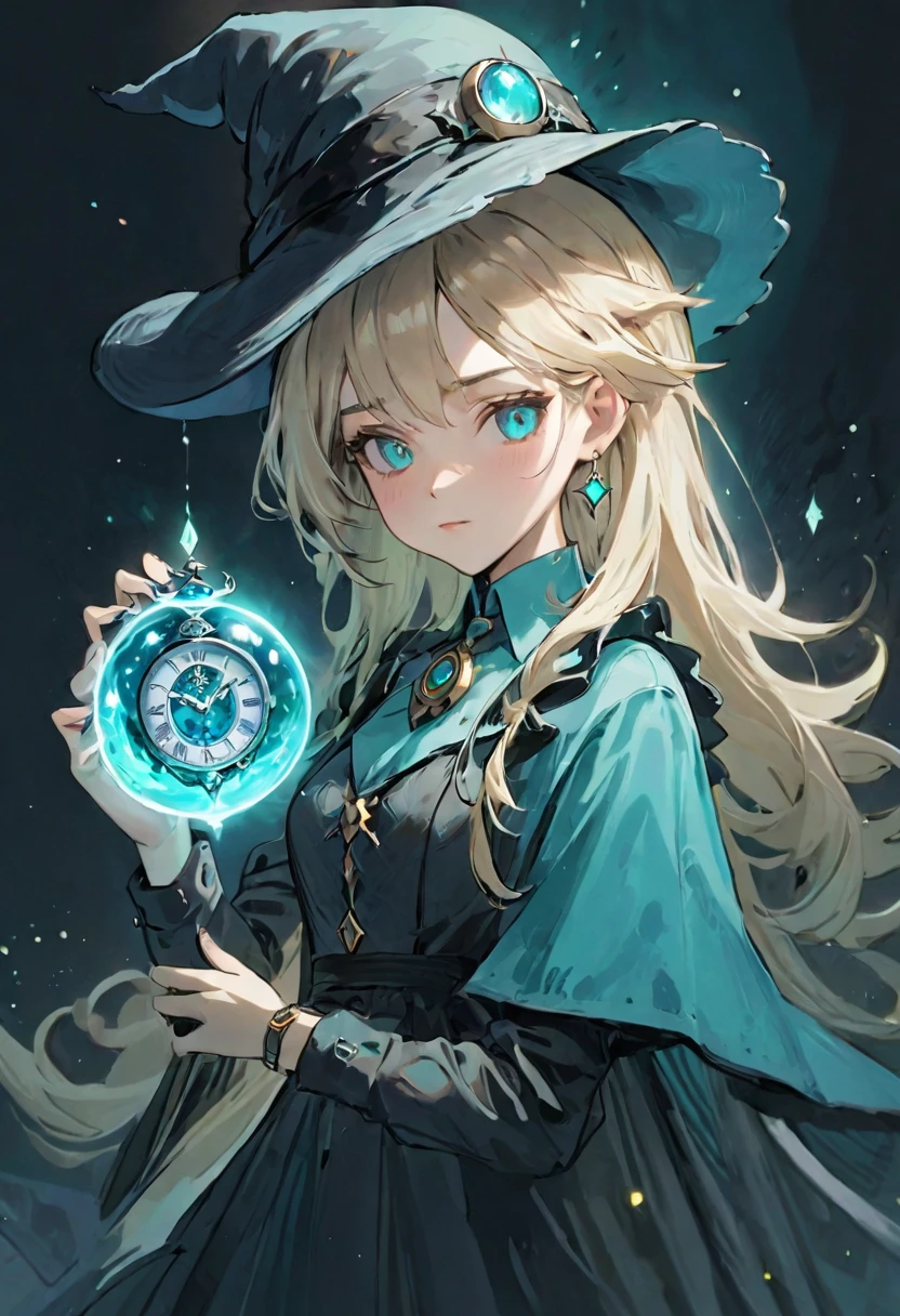 White shirt、Realistic textured skin、Ash Blonde、1 strand of hair、Side Tail、Turquoise Eyes、、Close-up of a woman in a dress and hat holding a watch, Beautiful Celestial Magician, portrait of a Female Wizard, Female Wizard, Mechanized Witch&#39;s Little Wizard!, Female Wizard, dark witch character, magician magic witch, Black-haired wizard, Dark Sorceress Full View, Astral Witch Outfit, Dark magician full body pose