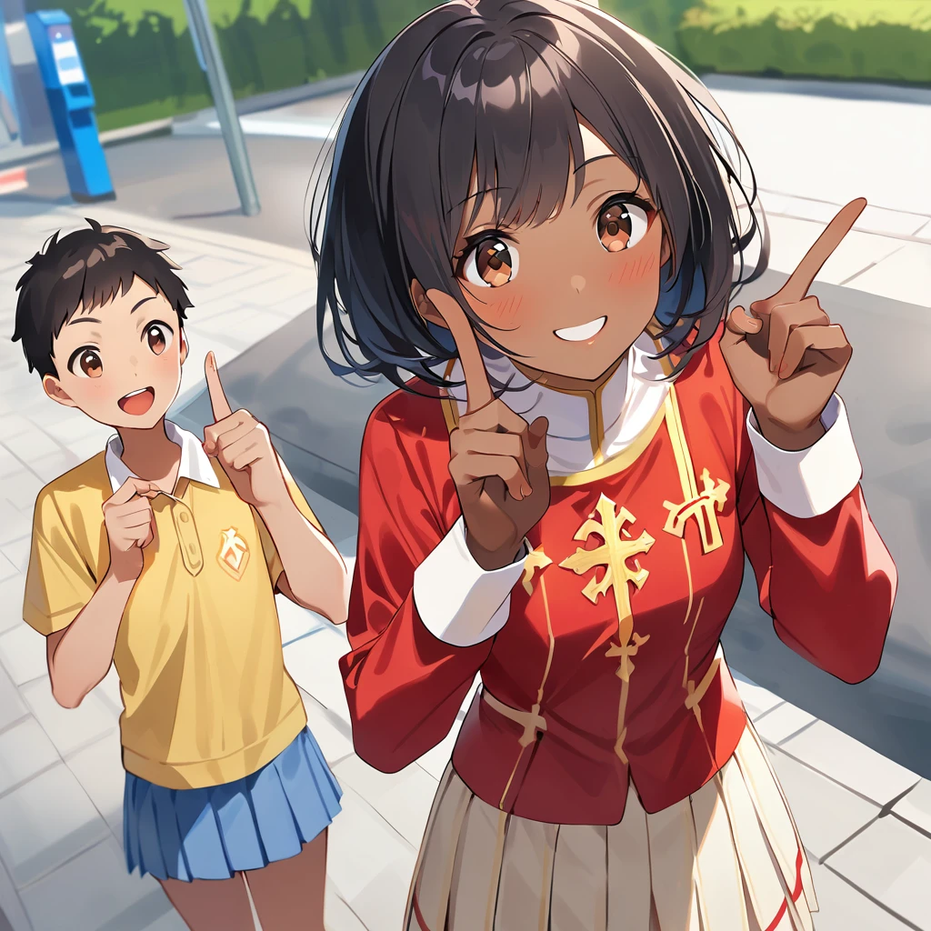 A confident smile, Buying ice cream on the way home from school,Accepting a photo shoot,Sounds like fun,短いBlack Hair, Brown eyes,Brown Skin,2 students、Use a gesture commonly associated with the peace sign when speaking (From outdoors), skirt, Black Hair, shirt, ((((Complete faithful finger))))