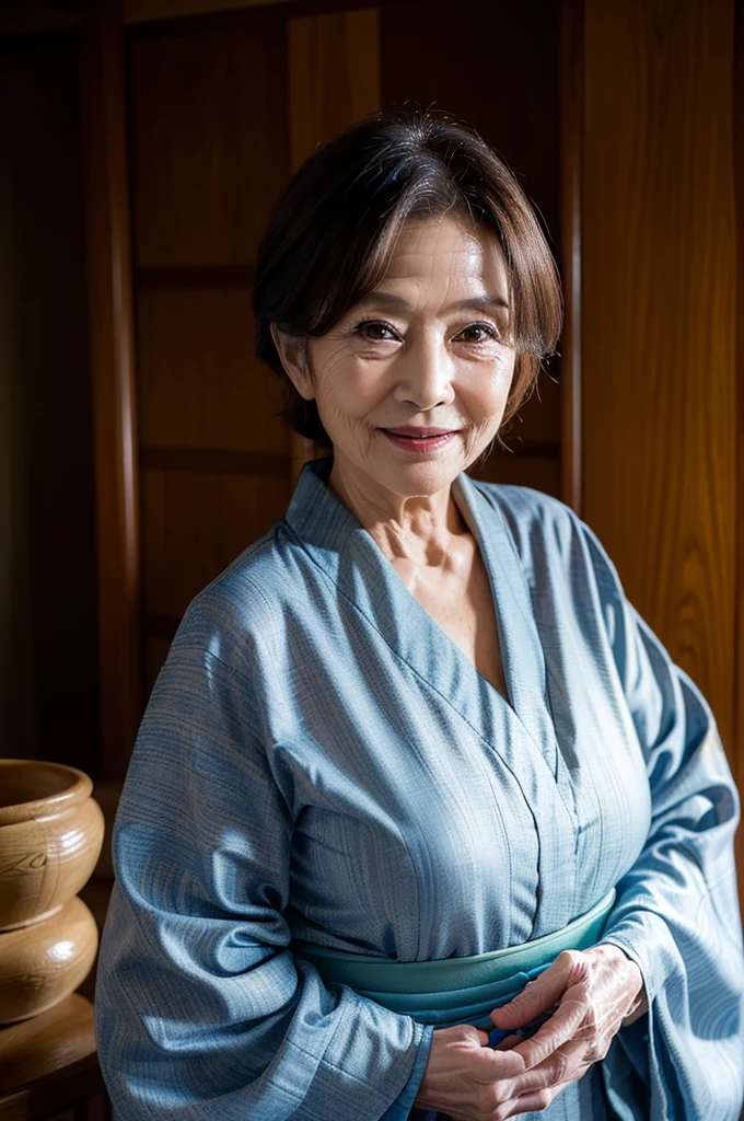 (masterpiece:1.4),(68-year-old woman:1.5),(facial wrinkles : 1.2),seductive smile, (up hair : 1.1), (wearing kimono with pattern), beautiful Mature Woman, traditional japanese room, detailed background