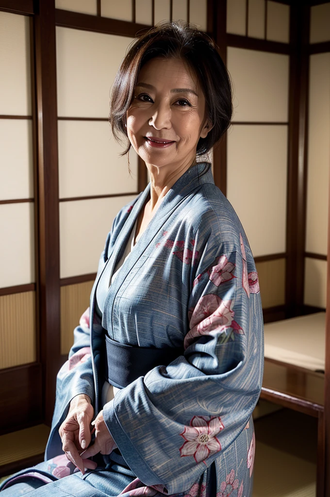 (masterpiece:1.4),(68-year-old woman:1.5),(facial wrinkles : 1.2),seductive smile, (up hair : 1.1), (wearing kimono with pattern), beautiful Mature Woman, traditional japanese room, detailed background