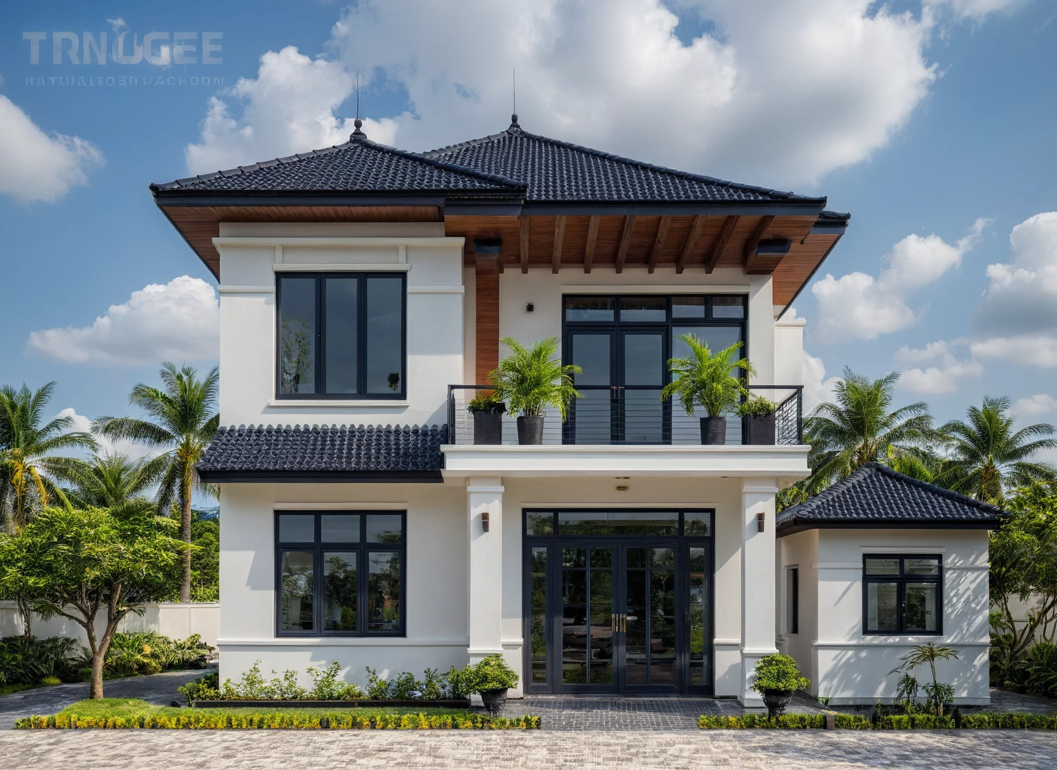 (masterpiece:1.2), best quality, photo of A two-story modern house in VietNam with white walls and dark tiles on the roof., tree and plant environment,daylight, streetcapes, natural light, vivid color, The exterior of an elegant single family home features large windows, a dark gray door frame.