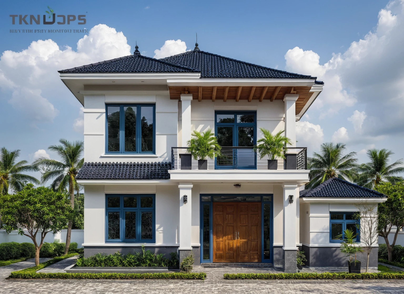 (masterpiece:1.2), best quality, photo of A two-story modern house in VietNam with white walls and dark tiles on the roof., tree and plant environment,daylight, streetcapes, natural light, vivid color, The exterior of an elegant single family home features large windows, a dark gray door frame.