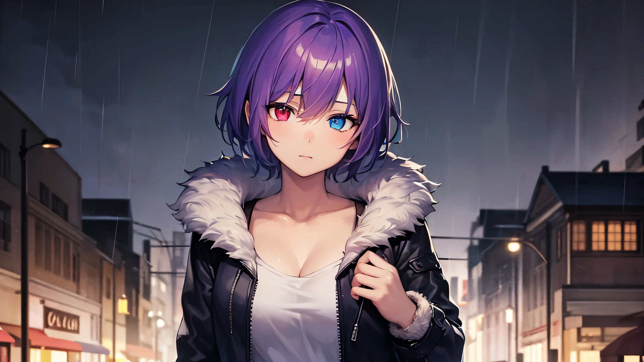 Highest quality, 8K, 4K, High resolution, (Beautifully detailed face), High Contrast,1girl,only,short hair,purple hair,heterochromia(red eyes,blue eyes), beautiful eyes, Slanted Eyes, Moderately sized breasts, A quiet town late at night, Night Rain, Jacket with fur, Tragic, Dark City