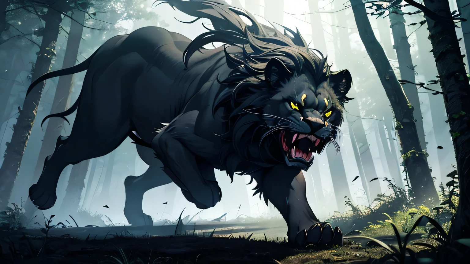 dark lion jumping with open jaws to attack violently in a dark and mysterious forest at night, movement scene in the forest, changing lighting, hyper-realistic lighting, cinematic,