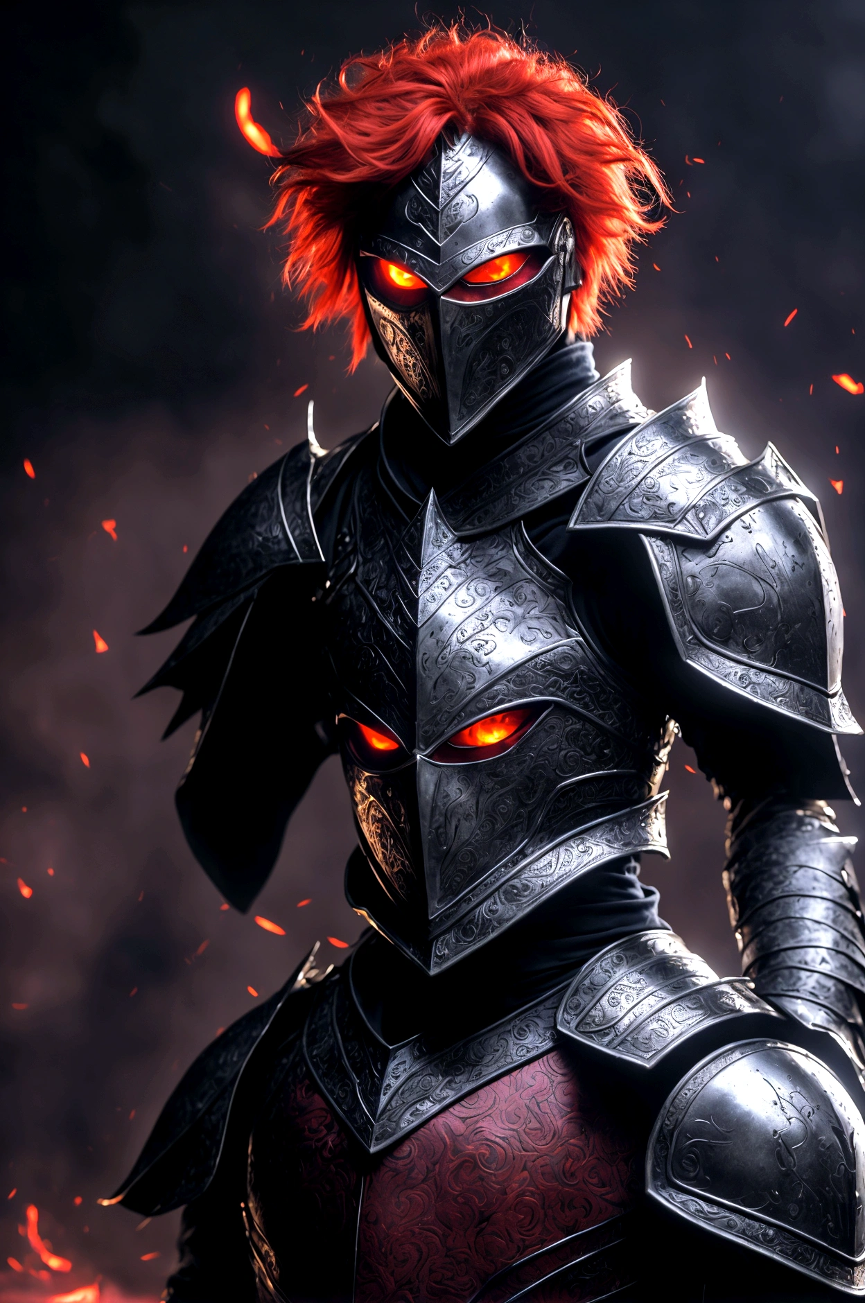 (masterpiece), best quality, boy, menacing boy, black armor, black helmet with red eyes, short bright red hair, glowing hair, eyes with a red aura, holding a black sword with a red aura, a red aura surges around him, His hair is rising from the red power, short hair, helmet around the entire head,