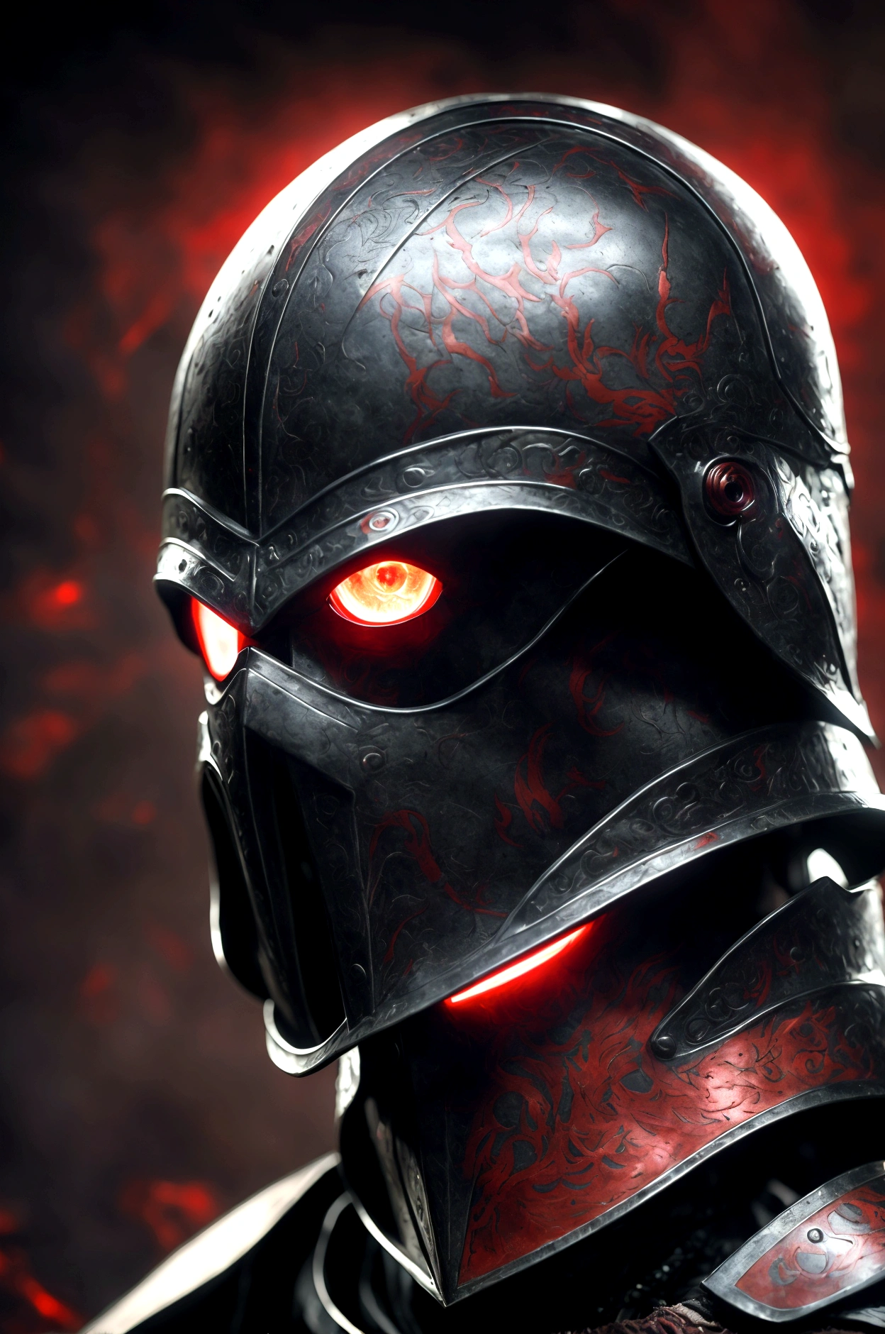 (masterpiece), best quality, boy, menacing boy, black armor, black helmet with red eyes, short bright red hair, glowing hair, eyes with a red aura, holding a black sword with a red aura, a red aura surges around him, His hair is rising from the red power, short hair, helmet around the entire head,