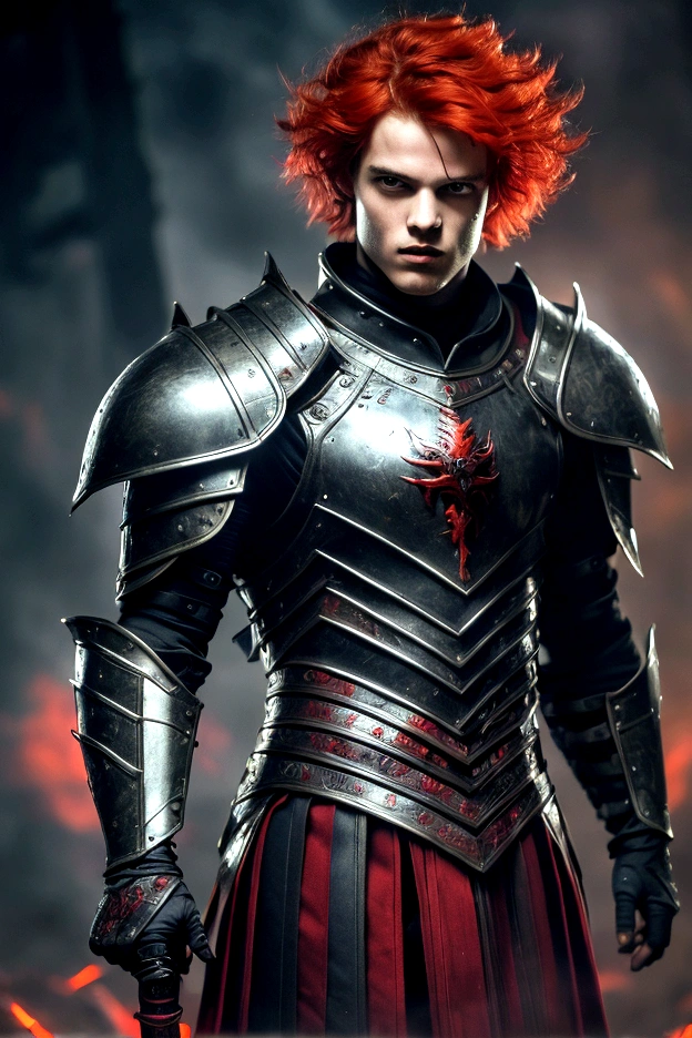(masterpiece), best quality, boy, menacing boy, black armor, black helmet with red eyes, short bright red hair, glowing hair, eyes with a red aura, holding a black sword with a red aura, a red aura surges around him, His hair is rising from the red power, short hair, helmet around the entire head,