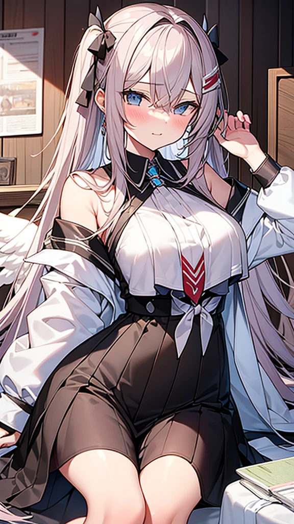 masterpiece, best quality, High resolution, 1 girl,,white hair, sleeveless ,Bare shoulders ,armband,collar,White shirt ,Blue Dress ,Black skirt ,White gloves, Black high socks ,Garter ,Sitting,cheeks flushed,white underwear,sweat,open mouth,Tongue exposed
