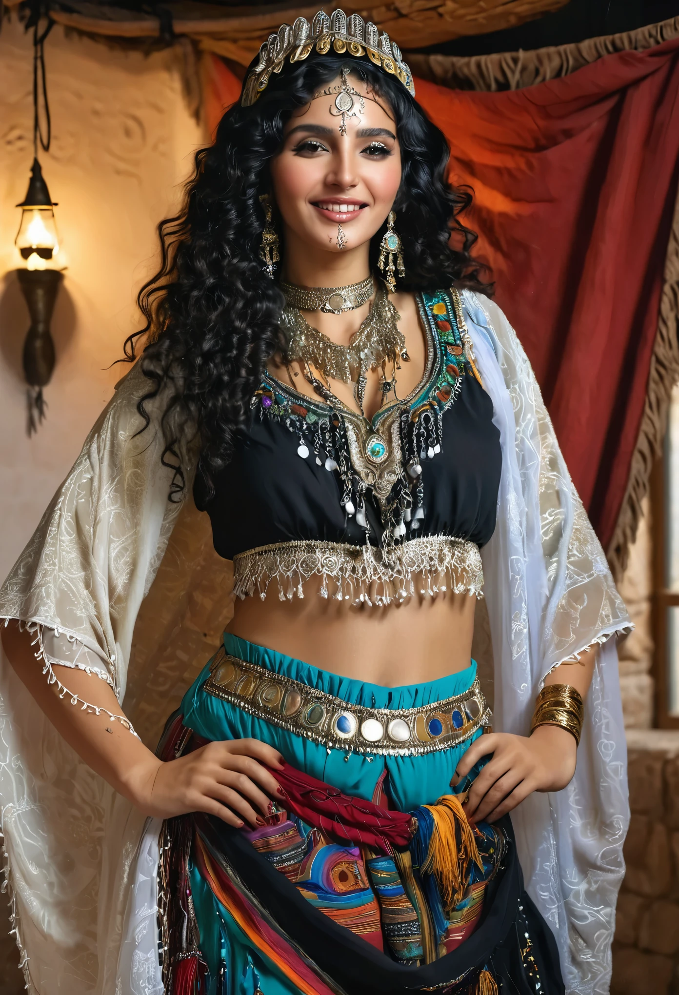 absurderes,(​masterpiece、top-quality、8K ),intricate detailes,ultra-detailliert、1 Beautiful Arab Woman、(Gypsy national costume,:1.4)Cinematic composition,A slight smil、darkskinned、black curly hair、In the gypsy house、Hyper realistic, with heels, Perfect Anatomy