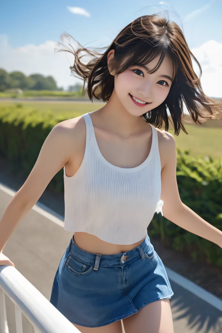 Highest quality, (beautiful)、A mini skirt fluttering in the wind、Tank top、Hair blowing in the wind、Soft 、smile、A strong wind is blowing、Semi-short hair、Shoot from above