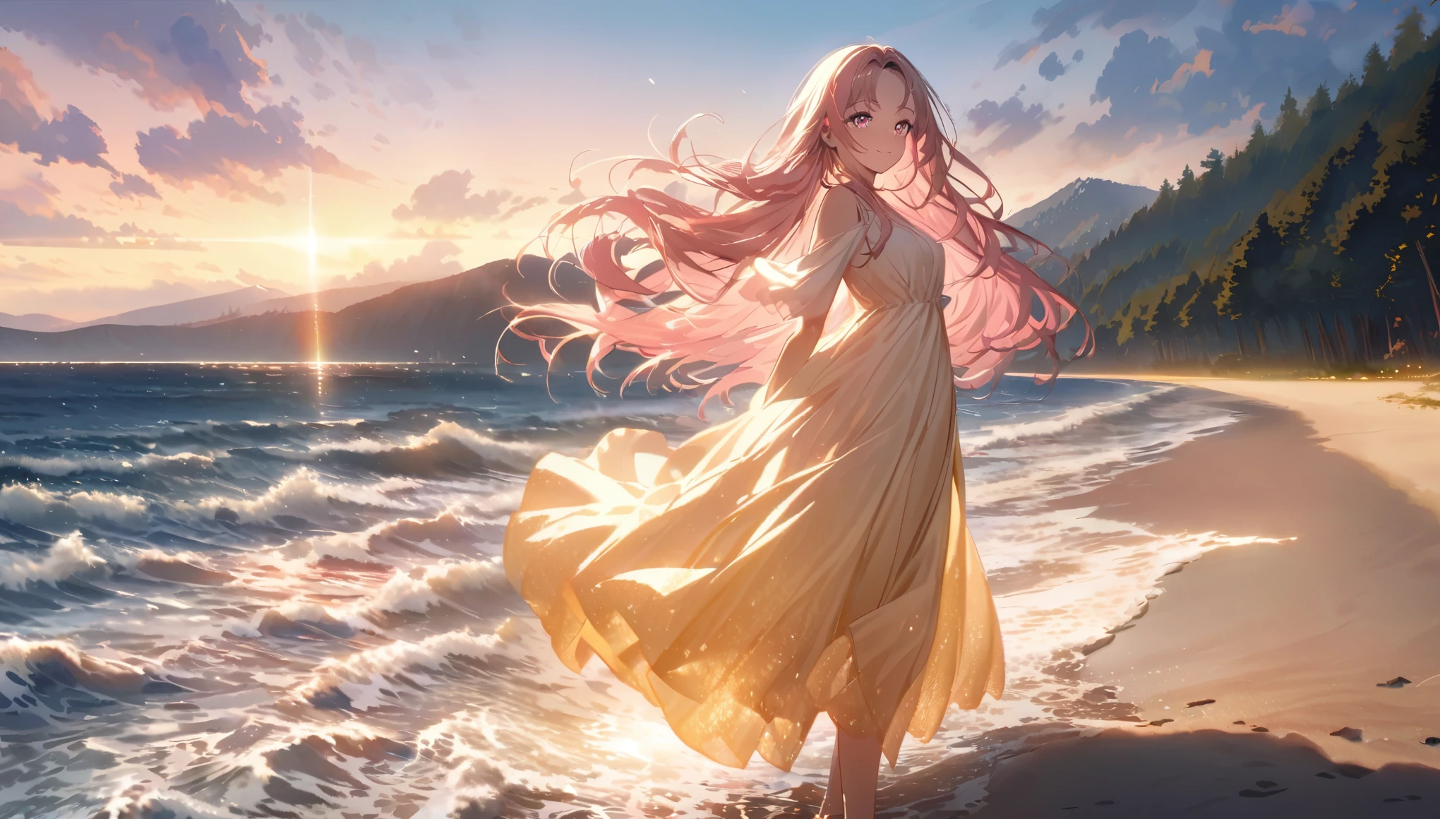 Anime girl, standing on a beach, during sunrise, sky painted in gold and pink hues, long flowing hair, bright expressive eyes filled with love and determination, wearing a light flowing dress, hands hidden behind her back, waves crashing softly on the shore behind her, sun casting a warm golden light over everything, serene beach transitioning into a distant forest and mountains, symbolizing the journey ahead, scene conveying peace hope and unwavering support, soft natural lighting enhancing the emotional depth, no other people or distractions present, focusing solely on the girl and the beautiful landscape, highly detailed face, beautiful facial features, clear skin, expressive eyes, delicate smile, natural and soft lighting on the face
