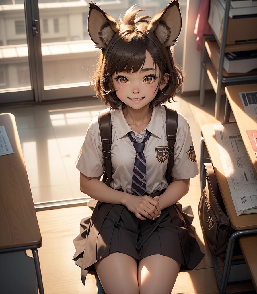 (hyena_girl: 1.3), (elementary_school_student: 1.3), (animal_ears: 1.2), (hyena_ears: 1.3), (hyena_tail: 1.3), (school_uniform: 1.2), (short_hair: 1.1), (brown_hair: 1.1), (brown_eyes: 1.1), (fang: 1.2), (spotted_fur: 1.2), (paw_prints: 1.1), (cute: 1.2), (playful: 1.2), (classroom: 1.1), (desk: 1.1), (blackboard: 1.1), (school_bag: 1.1), (textbook: 1.1), (pencil: 1.1), (1girl: 1.2), solo, full_body, standing, sitting, running, playing, smiling, looking_at_viewer, indoors, outdoors, school_yard, sunny_day, bright_lighting, colorful, detailed_background, high_quality, best_quality, masterpiece