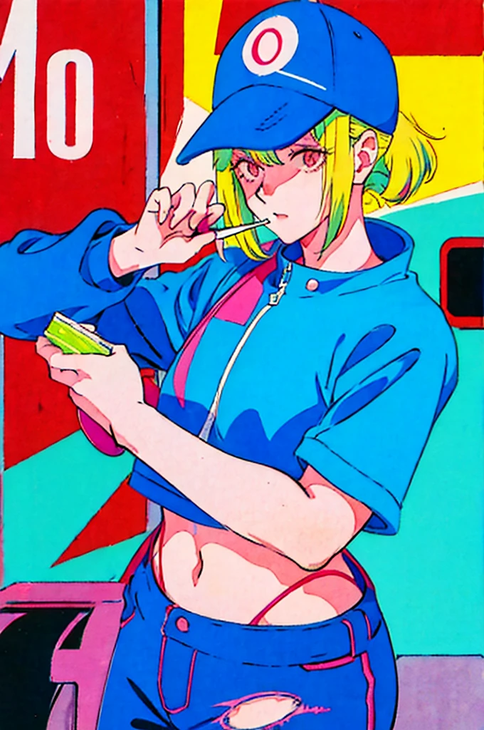 Woman in baseball cap,He is holding up a cigarette and smoking.。, Anime atmosphere of the 80s, 90s anime style, 90s anime style, 80s anime style, In 80s anime art style, 90s anime art style, Anime atmosphere, 80s anime art style, 1980's anime style,Neon Light