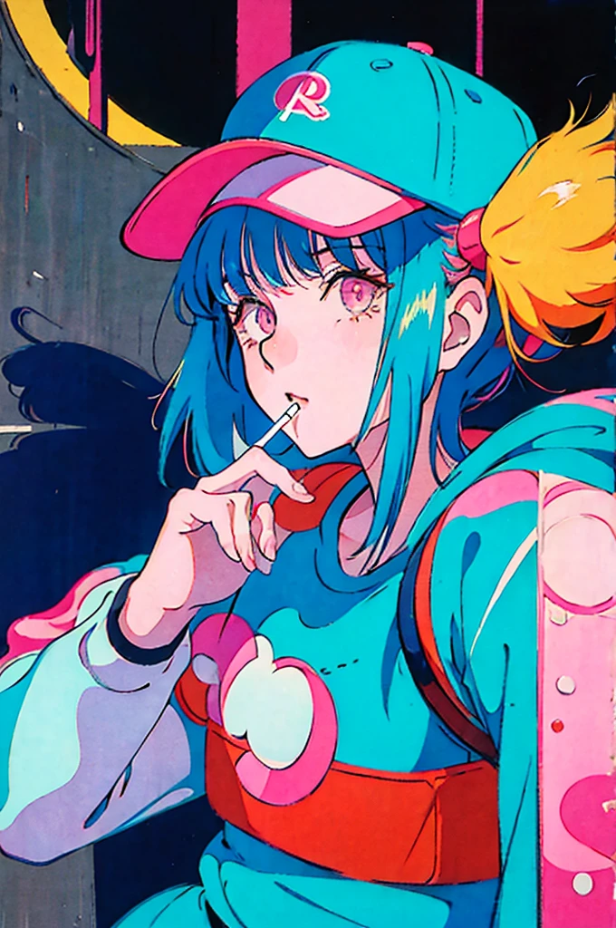 Woman in baseball cap,He is holding up a cigarette and smoking.。, Anime atmosphere of the 80s, 90s anime style, 90s anime style, 80s anime style, In 80s anime art style, 90s anime art style, Anime atmosphere, 80s anime art style, 1980's anime style,Neon Light